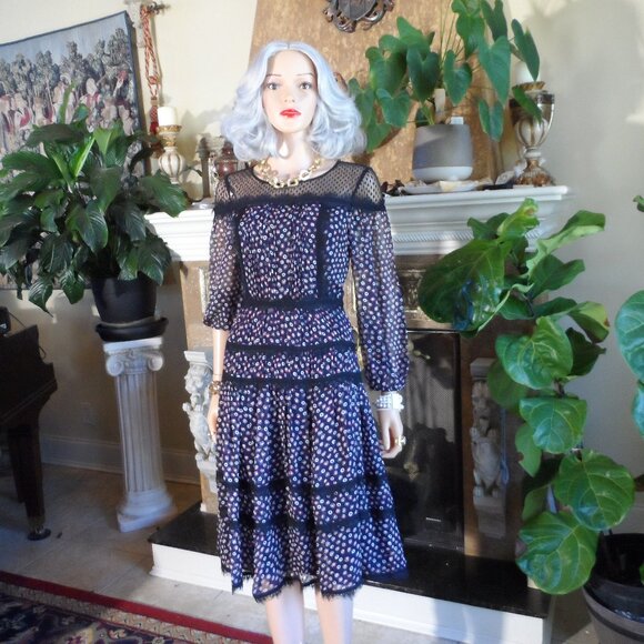 New Diane Von Furstenberg Navy Blue Multi 100% Silk Chiffon Peasant Dress Size 2 - Picture 1 of 16